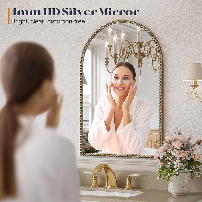 Beaded Arched Mirror for Wall, 22"x30" Gold Arch Bathroom Vanity Mirror, Retro Brass Metal Frame Decorative Mirror for Bedroom Dressing Room Entryway Fireplace