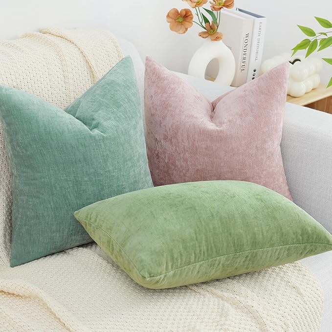 decorUhome Chenille Blush Pink Summer Throw Pillow Covers 26x26 Inch Set of 2, Decorative Soft Couch Pillow Covers Solid Dyed Accent Farmhouse Neutral Square Pillow Cases for Sofa
