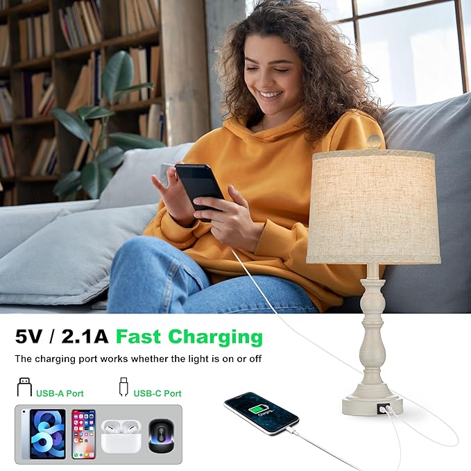 Farmhouse Side Table Lamps for Living Room Set of 2 with USB C+A Ports, Bedside Lamp for Bedroom, Dining Room Decor, Office, End Table, Knob Switch, 3 Color Temperatures, Bulb Included, Beige