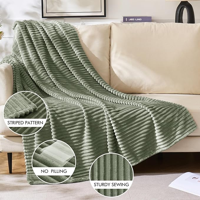 MIULEE Sage Throw Blanket 3D Ribbed Jacquard Fleece Flannel Velvet Plush Decorative Bed Blanket (Throw, 50" x 60") - Super Soft, Lightweight, Warm and Cozy for Couch Sofa