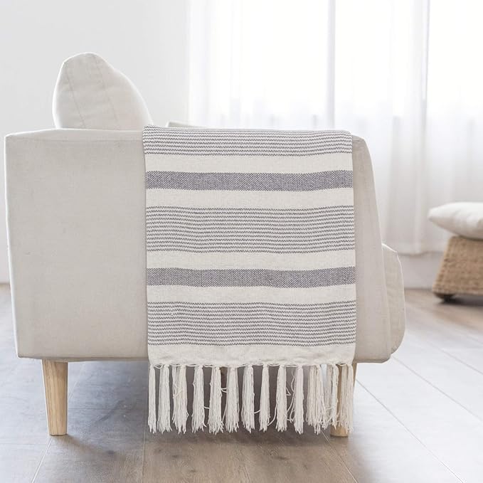 Decorative Grey Ivory Striped Throw with Fringe, Soft Chenille Knitted Farmhouse Lightweight Blanket with Tassels for Couch Sofa Chair Bed Office Home Décor, Gray and Off White,50" x 60"