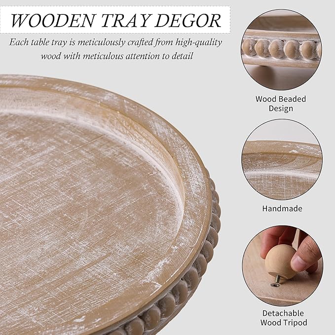 Decorative Coffee Table Tray, Round Wooden Tray Decor -Beige Beaded Distressed Rustic Farmhouse- Table Centerpieces for Dining Room Entryway Kitchen Counter Living Room
