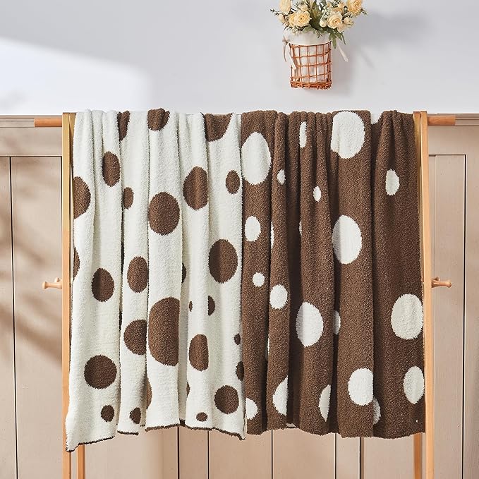 CozeCube Super Soft Fullfy Microfiber Reversible Knitted Blankets, Warm Cozy Fuzzy Plush Throw, Dark Brown and White Polka Dot Throw Blanket for Couch Bed Sofa, 60" x 80"
