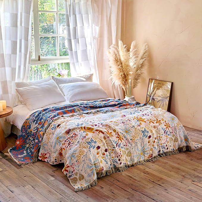 Boho Throw Blanket - 100% Cotton Throw Blankets for Bed Couch, 50"x60" Soft Muslin Lightweight Spring Throw Blanket, Cozy Floral Butterfly Printed Bohemain Bedding Decor Beige Throw Quilt