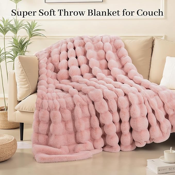 NEXHOME PRO Faux Fur Throw Blanket Pink, Luxury Soft Decorative Cozy Plush Long Shaggy Fluffy Blanket for Sofa Couch Bed Living Room, Reversible Puffy Thick Warm Blanket for Winter, 60"X80"