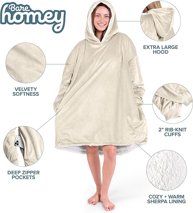 Bare Home Wearable Blanket Hoodie - Soft Plush Sherpa - Warm and Cozy - Oversized Wearable Blanket - Adult & Kid Sizes