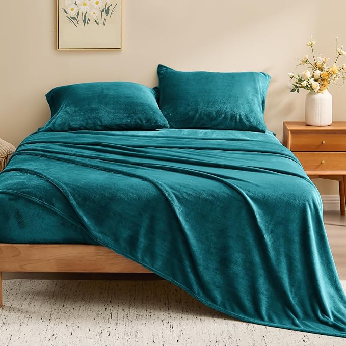 BEDELITE Flannel Sheets Twin Size Teal - Super Soft Fleece Sheets Set Fluffy Extra Plush, 3 Piece(Include Fitted Sheet, Flat Sheet, 1 Pillowcase)