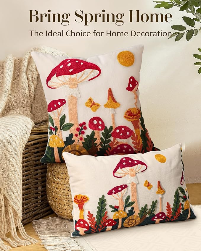 Embroidered Lumbar Pillow Cover 20x12 Inch - Spring Summer Boho Decorative Pillow Cover with Zipper for Living Room Couch Sofa Bed Aesthetic Design Mushroom Moon Cushion Pillowcase