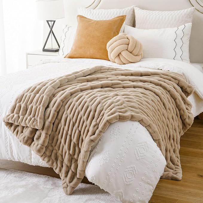 BATTILO HOME Beige Faux Fur Throw Blanket for Bed, Large Double Side Reversible Ruched Rabbit Fur Blanket for Couch, Living Room, Soft Warm Mink Cozy Blanket, 60x80 Inch