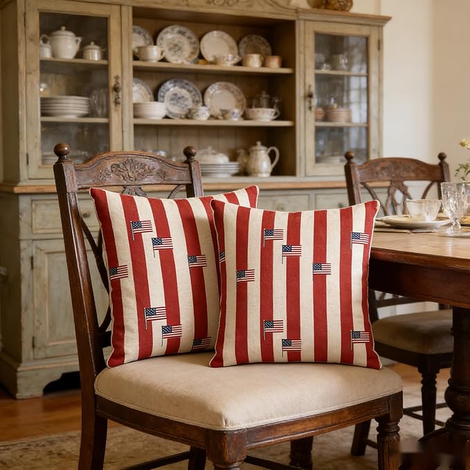 Patriotic Throw Pillow Covers, Red White Blue, Linen, 18x18 Inch, Set of 2, Farmhouse Style, July 4th Independence Day