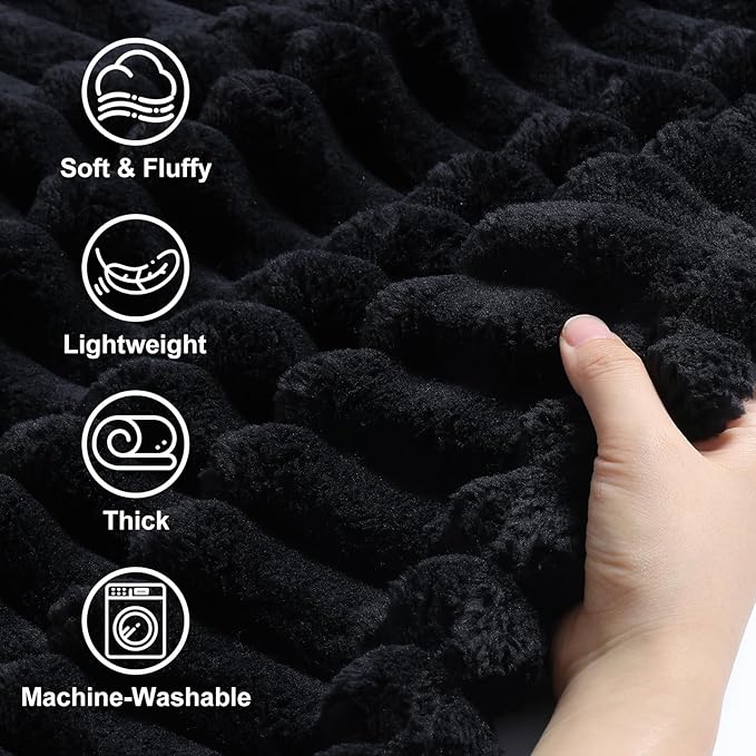 decorUhome Soft Fleece Black Throw Blanket for Couch, Cozy Fluffy Plush Flannel Striped Blanket for Sofa Bed, Lightweight Decorative Ribbed Fuzzy Blanket for Woman, 50x60 Inches
