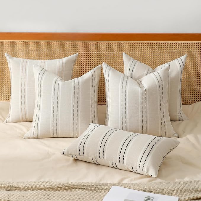 Hckot Throw Pillow Covers 22x22 Set of 2 Striped Pillow Covers Textured Linen Decorative Pillows Square Cushion Covers for Sofa Couch Bed Living Room Farmhouse Decor, Navy Blue