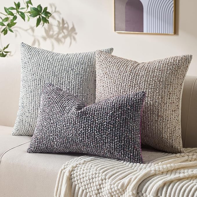 Allorry Decorative Lumbar Pillow Cover 12x20 Purple Striped Soft Wool Lumbar Throw Pillow Neutral Textured Boho Cushion Covers for Modern Farmhouse Sofa Bedroom Living Room Decor SY011-E12