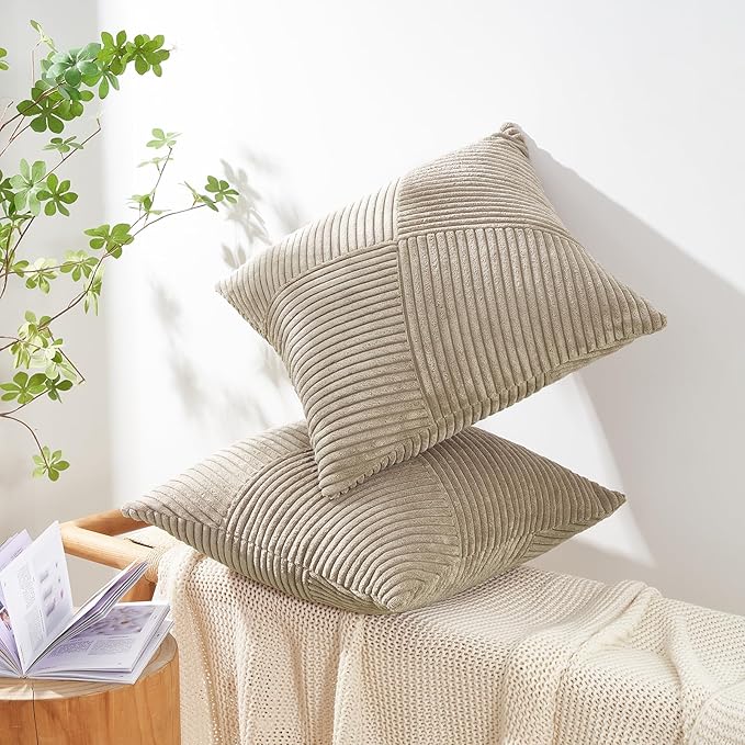 Topfinel Lightbrown Throw Pillow Covers 20x20 Inch Set of 2 Modern Farmhouse Home Decor Pillow Covers for Spring Sofa Living Room Couch Bed Soft Corduroy Textured Boho Striped Patchwork Cushion Cases