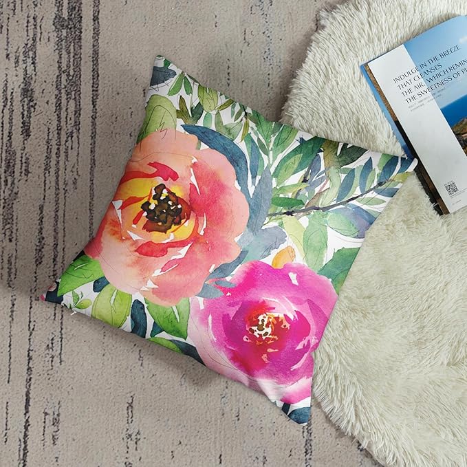 Emvency Throw Pillow Cover Colorful Bohemian Peach Floral Boho Watercolor Pink Painterly Decorative Pillow Case Home Decor Square 18 x 18 Inch Pillowcase