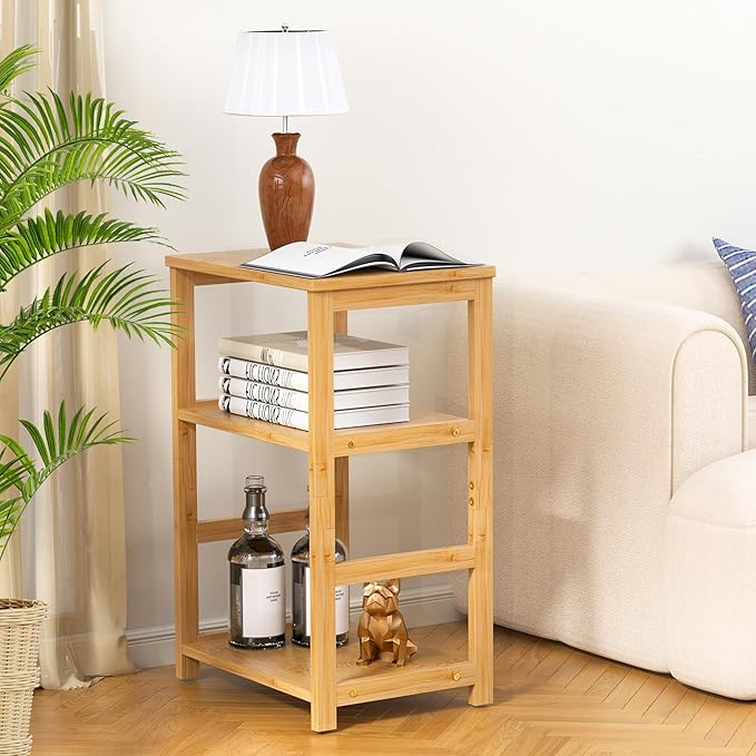 VASMIA End Table, 3-Tier Side Table with Storage Shelf, Bamboo Nightstand Bedside Table for Small Spaces, Bedroom, Living Room,Natural