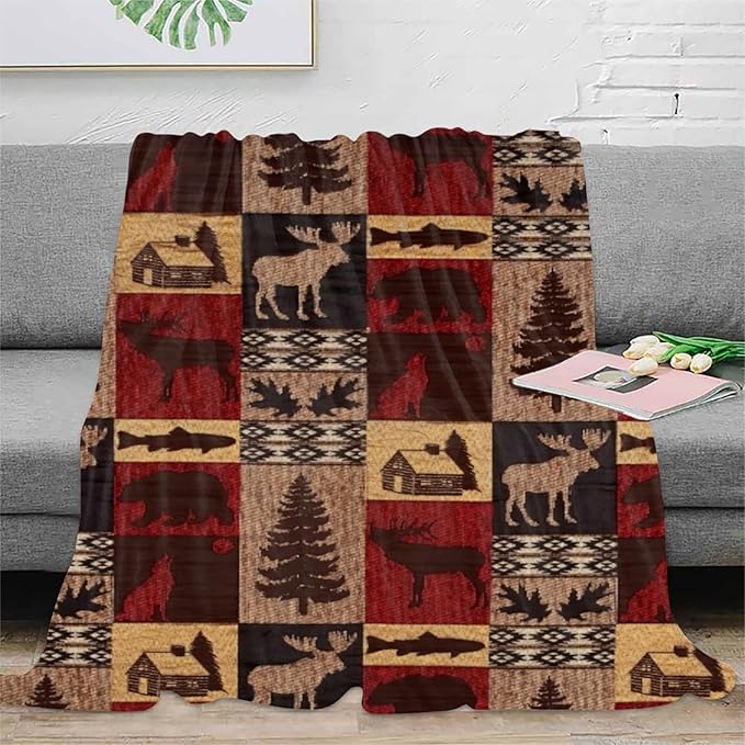 Bear Rustic Cabin Moose Blanket Soft Flannel Farmhouse Throw Blanket Gifts for Adults Cozy Blanket for Red Black Check Farmhouse Art All Season Couch Bed Sofa Home Decor, 60"x80"