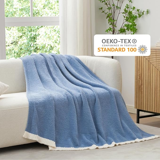 Snuggle Sac Blue Throw Blanket for Couch Bed Sofa 60x80 inches, Reversible Blue Blanket Microfiber Fluffy Fuzzy Cozy Knit Twin Blanket for Women Mothers Birthday Gifts