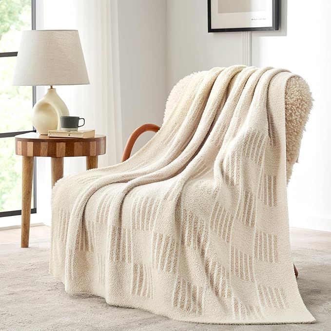 Snuggle Sac Faux Fur Checkered Blanket Twin Size with Soft Knitted Microfiber,Reversible Soft Cozy Warm Blanket for Sofa Bedroom,Cute Lightweight Striped Throws for Women,Heather Cream,60x80 inches