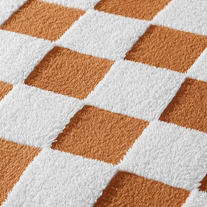 Exclusivo Mezcla Checkered Throw Blanket, Super Soft and Warm Fluffy Fleece Blanket for Couch, Sofa, Bed, Cute Plaid Pattern, Coral Orange, 50" x 60"