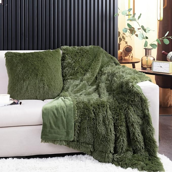 YUSOKI Long Faux Fur Throw Blanket for Sofa Couch,2 Layers,2.1lb,All Ages,Home Decoration, (Olive Green,50" x 60")