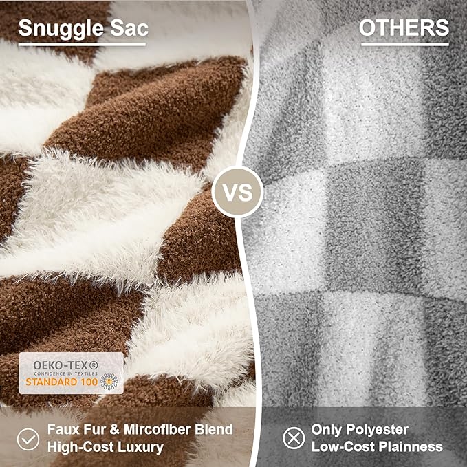 Snuggle Sac Brown Checkered Throw Blanket Faux Fur Microfiber Blankets for Couch,Cozy Soft Warm Blanket for Sofa Bedroom Living Room,Brown Checker,60x80 inches