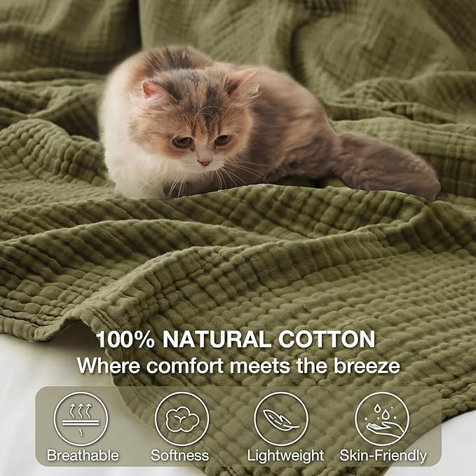 100% Cotton Muslin Blanket Twin 60" x 80", Breathable and Lightweight Cotton Twin Blankets for Couch, Soft Cooling Summer Gauze Blanket for Adults All Season, Olive Green