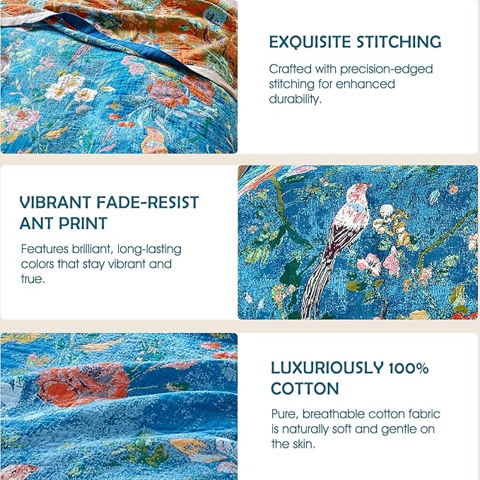 Boho Throw Blanket - 100% Cotton Ultra Soft Muslin Spring Blanket, 50"x60" Lightweight Floral Bird Printed Framhouse Bedding Blanket for Bed, All Season Blue Bohemian Bedroom Home Decor Quilt