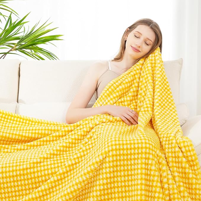 Zyrah Yellow and White Fleece Twin for Couch Super Soft Twin Blanket Plaid Lightweight Decorative Fuzzy Cozy Blankets for Sofa Chair Bed 60x80 Inches