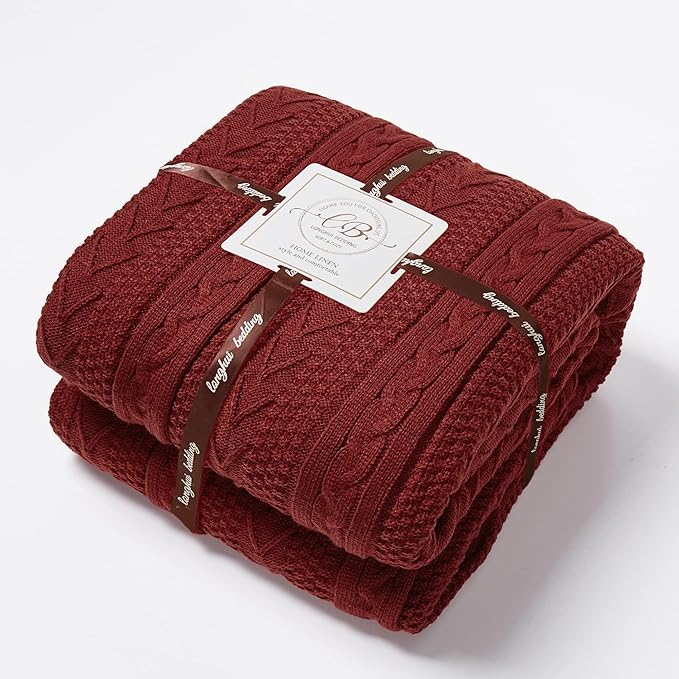 Longhui bedding Acrylic Cable Knit Sherpa Throw Blanket - Thick, Soft, Big, Cozy Wine Red Knitted Fleece Blankets for Couch, Sofa, Bed - Large 60 x 80 Inches Coverlet All Season, Burgundy Color