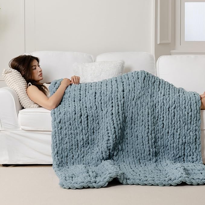 WESHIONGOO Chunky Knit Blanket Throw 51"×63" Knitted Throw Blankets for Couch Bed Fluffy Soft Blanket with Jumbo Chenille Yarn Thick 100% Handmade(Dusty Blue)