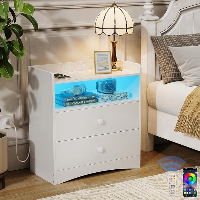 Nightstand with Charging Station and LED Light,Modern Nightstand with USB Ports and Outlets,Wood Bedside Tables with 2 Storage Drawers,Small Dresser for Bedroom Small Space,White
