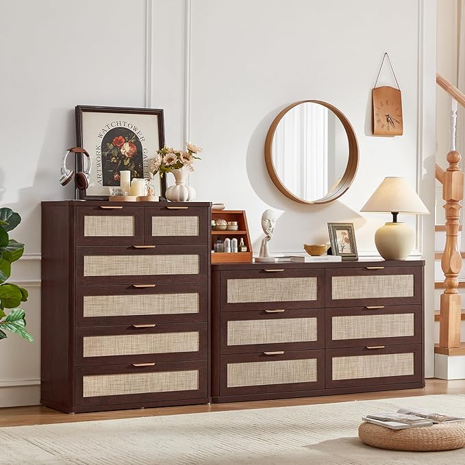 LEYAOYAO Rattan Dresser for Bedroom Set of 2, 41" Tall Chest of Drawers, Modern 6 Drawers Boho Dressers with Storage, Vintage Brown Dresser Wooden Closet Organizer for Living Room, Hallway
