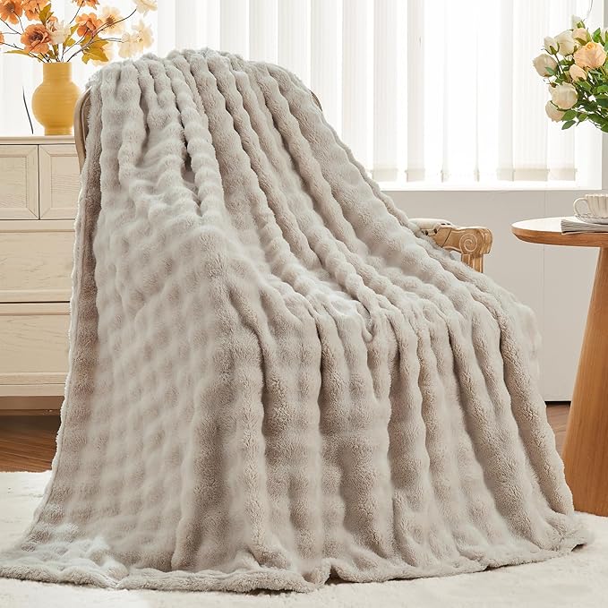 NEWCOSPLAY Throw Blanket for Couch Linen Super Soft Flannel Fleece 3D Bubble Lightweight Bed Blanket All Season Use (Linen, Throw(50"x60"))