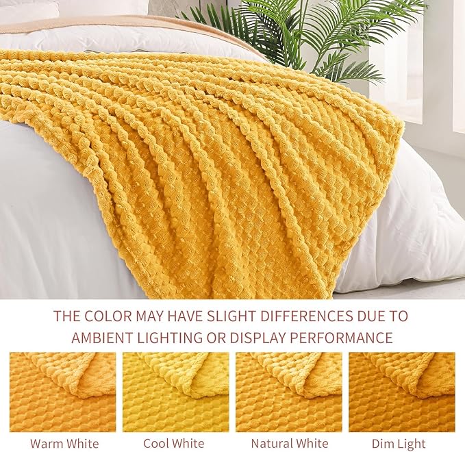 Exclusivo Mezcla Fleece Throw Blanket for Couch, Extra Large Fuzzy Mustard Yellow Bed Blankets, Soft Cozy Plush Sofa Throws for All Seasons, 50x60 Inches