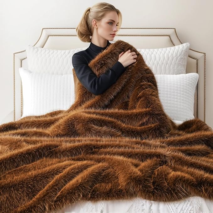 BATTILO HOME Luxury Fluffy Faux Fur Throw Blanket, Large Golden Brown Fake Fur Blanket for Bed, Sofa, Chair, Bed, Silky Elegant Fuzzy Fur Throws with Long Pile, 60"x80"