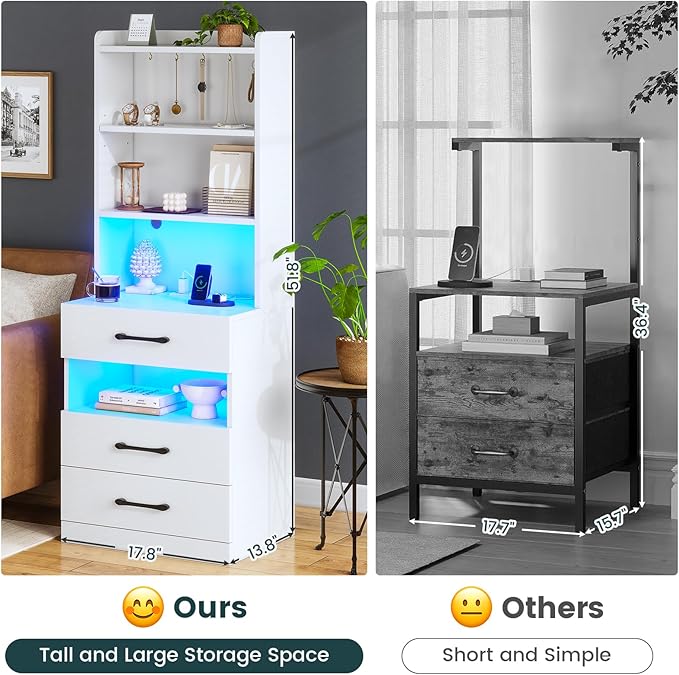 AOGLLATI Tall Nightstand with Charging Station and LED Lights, Night Stand with 3 Drawers, Bedside Table with Bookshelf and Storage Shelves, White Modern End Side Table for Bedroom