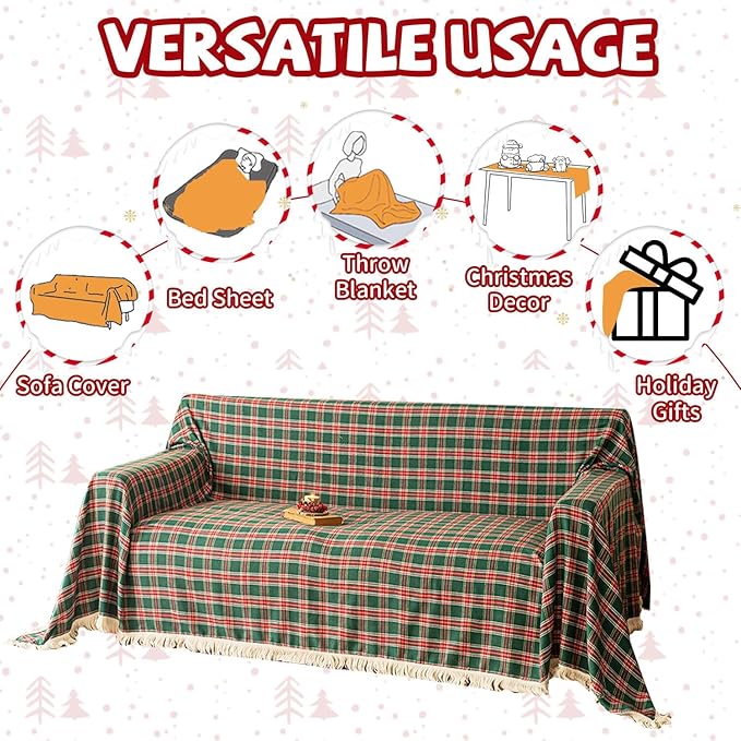 HANDONTIME Christmas Buffalo Plaid Couch Cover Checkered Sofa Covers Christmas Decorations Green and Red Grid 3 Seater Couch Cover for Farmhouse Home Decor Couch Protector for Dogs, 71"x 134"
