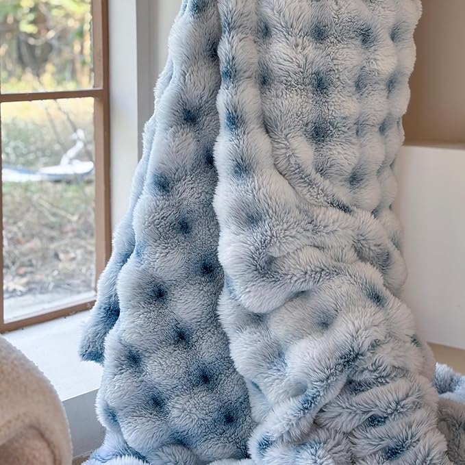 Luxury 1000GSM Throw Blanket, 50x60 Inches, Ultra Soft Double-Sided 3D Bubble Textured Faux Rabbit Fur, Frosted Blue & White, Reversible High-Density Plush Warm Blanket for Sofa & Bed