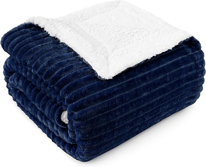 PAVILIA Navy Sherpa Fleece Throw Blanket for Couch Twin, Soft Plush Fuzzy Blankets, Fluffy Flannel Sherpa Blanket for Bed, Warm 3D Ribbed Winter Blanket Gift, 60x80 inches