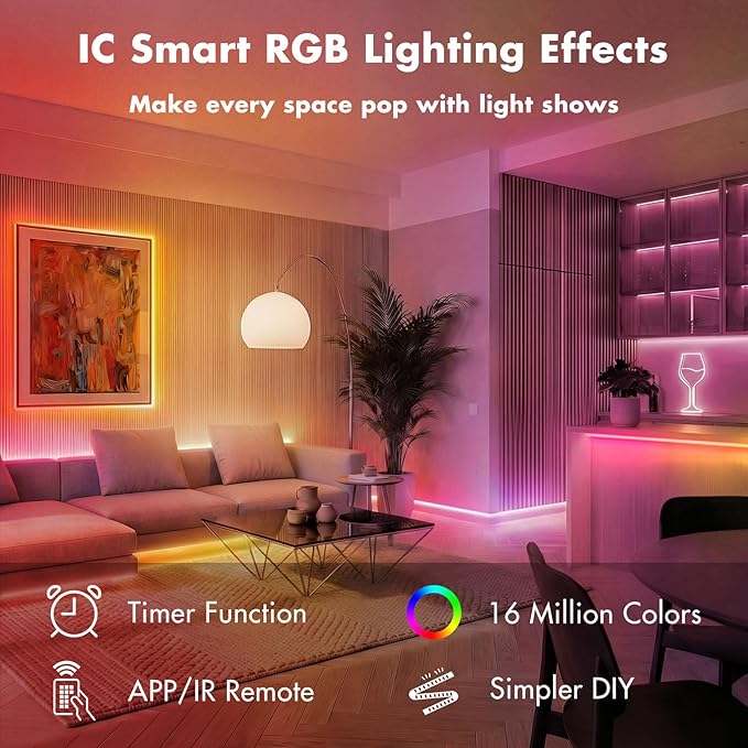 IC Smart RGB LED Strip Lights, 166FT LED Lights for Bedroom, App Control/Remote Control, Music Sync, DIY Design, Rainbow Chasing Effects, Strip Lights for Home, Party Decor