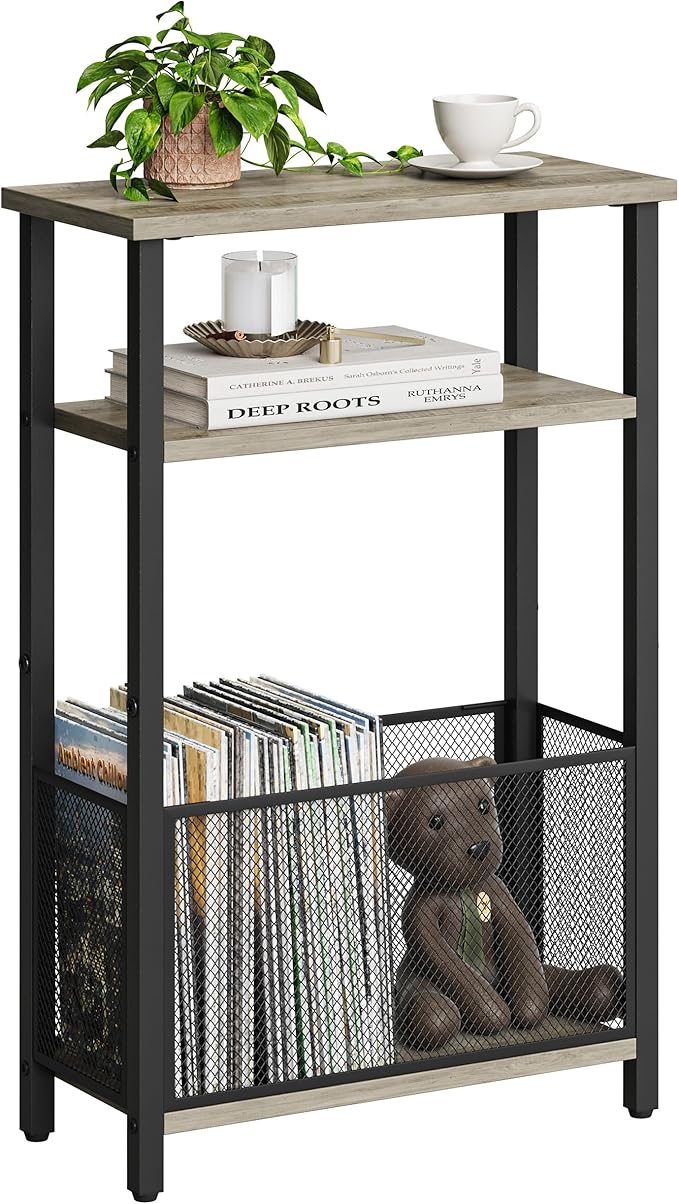 Narrow Side Table with Storage Basket Skinny End Tables for Smalls Spaces 3 Tier Sofa Table Small Nightstand Slim Bedside Table for Living Room Bedroom Oak MLBZ22Q