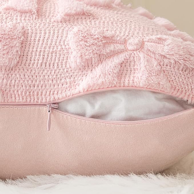 MIULEE Light Pink Bow Pillow Covers Coquette Room Decor Aesthetic Set of 2 Spring Decorative Cute Girl Soft Plush Faux Pillowcase for Preppy Room Decor Bedroom Couch,18x18 Inch
