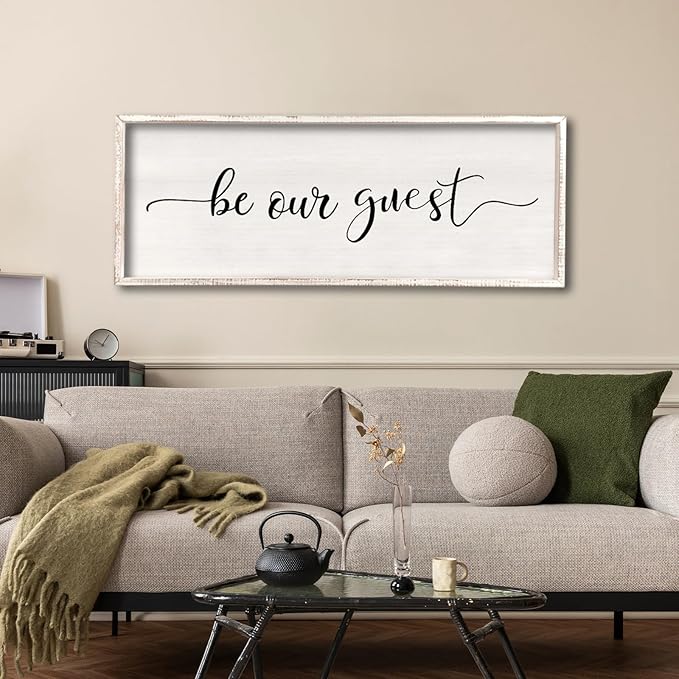 comurdyo Be Our Guest Wall Decor Sign 40”X15” Large Master Bedroom Above Bed Wall Decor Wood Framed Guest Room Sign Simple Rustic Farmhouse Over Bed Bedside Wall Art (White)