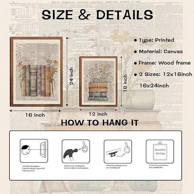 Vintage Book Wall Art Set of 3, Preppy Bow Floral Dictionary Book Canvas Prints, Floral Wildflower Wall Decor for Office Dorm Classroom Bedroom Home Decor 12x16in Wood Framed