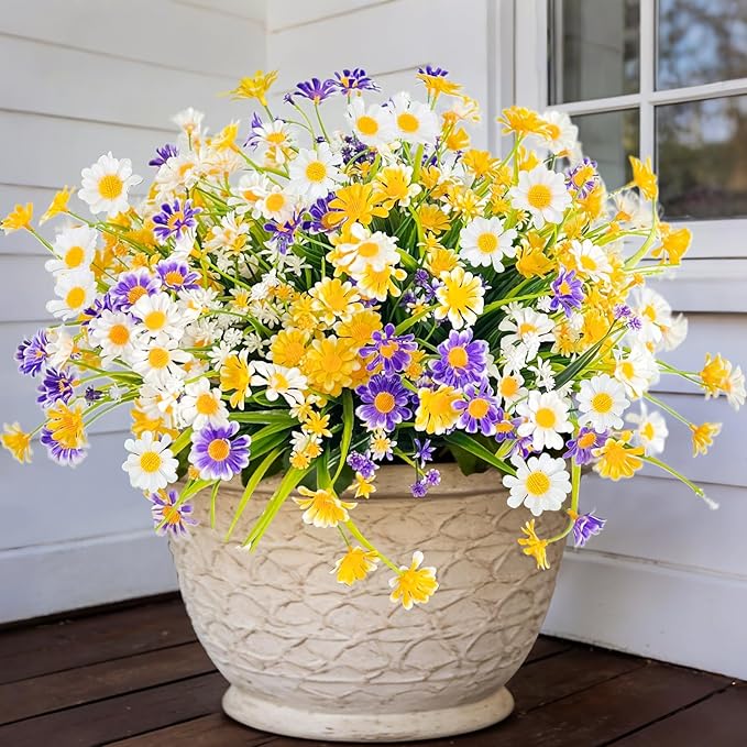 12 Bundles Artificial Daisy Flowers for Outdoors Summer Decor, UV Resistant Fake Flowers Faux Plastic Greenery Shrub Plants for Home Gardens Porch Planter Yards Cemetery Décor(Mix White Yellow Purple)