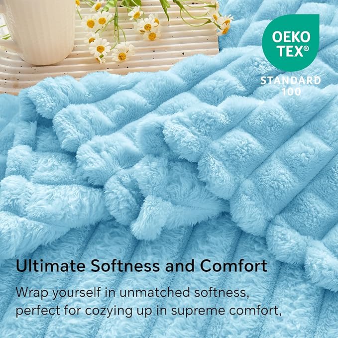 BEDELITE Light Blue Throw Blanket Twin Size for Bed- Super Soft and Warm 3D Checkered Fluffy Fuzzy Fleece Blanket, Luxurious Plush Cozy Blanket for Room Decor Fall and Winter, 60x80 inches