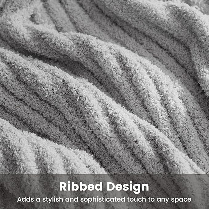 Snuggle Sac Soft Ribbed Throw Blanket for Couch, Microfiber Fluffy Knit Throws, Luxurious Fuzzy Blankets for Couch, Sofa, Travel, Grey, 50x60 inches