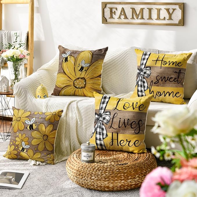 AVOIN colorlife Spring Home Sweet Home Bee Sunflower Throw Pillow Covers, 20 x 20 Inch Love Lives Here Summer Stripes Polka Dots Cushion Case for Sofa Couch Set of 4