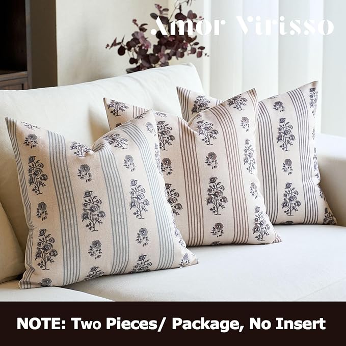 Amor Virisso Floral Throw Pillow Covers 18x18 Set of 2 Block Print Pillow Covers Neutral Floral Striped Farmhouse Decorative Pillow Covers for Sofa Couch Bed, Light Taupe